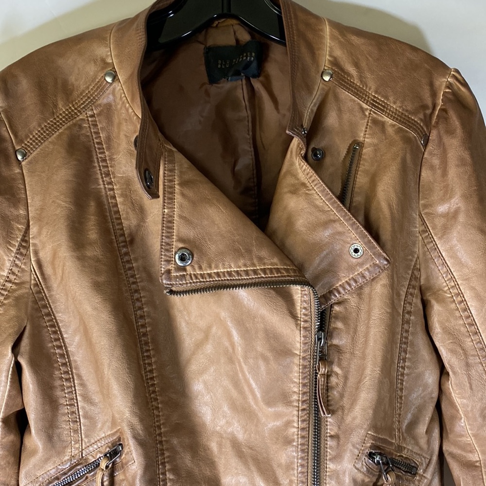 Blu Pepper Faux Brown Leather Moto Jacket Ladies Large - Picture 5 of 16